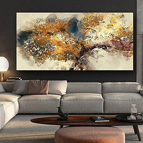 SDVIB Moderne abstrakte Poster und Drucke, Wandkunst, Leinwandgemälde, abstrakte goldene Geldbäume, Bilder für Wohnzimmerdekoration, 70 x 140 cm, rahmenlos