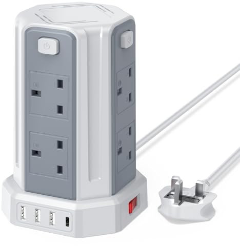 Tower Extension Lead 2M, (13A 3250W) 4 USB Ports and 8 Way Extension Tower, Surge Protection Extension Lead with 4 Independent Control Switch, Extension Cable for Home, Office, Kitchen