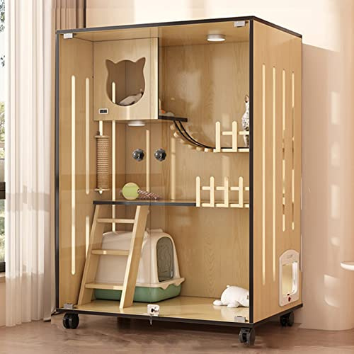 Enclos d'intérieur en Bois pour Chat, Grande Maison pour Chat en Bois pour extérieur/intérieur, Cages fermées Multifonctions avec Portes de Secours et roulettes, adaptées pour la Maison, l'a
