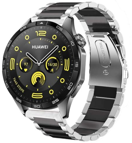 Compatible for HUAWEI WATCH GT4 46mm Band, Bleushaweu Quick Release Stainless Steel Metal Replacement Straps Compatible with HUAWEI WATCH GT 4 46mm Smartwatch (Silver-Black)