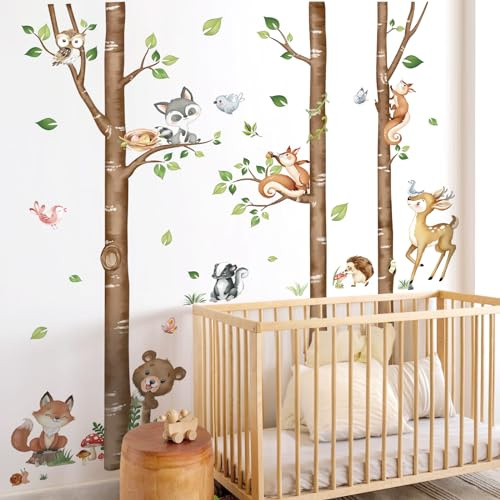 decalmile Wandsticker Baum Birke Groß Wandtattoo Waldtiere Bär Fuchs H(XL) | Abziehbare und Aufklebbare Wandaufkleber, DIY Abnehmbare Wandkunst Abziehbilder, Wandfreundlich, Leuchtenden Farben