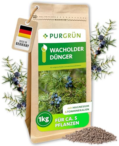 Purgrün® Wacholder-Dünger 1 kg – Organisch-mineralische Rezeptur – Feinkörniges Krümelgranulat – NPK 5+4+6 – Extra Magnesium für leuchtend grüne Nadeln – Verbessert die Bodenqualität