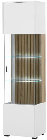 Lomadox Vitrine Standvitrine Vitrinenschrank LED Beleuchtung Glasböden weiß matt Eiche Rillen gerillt modern 48,5x180x38 cm