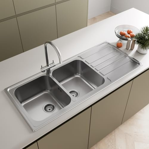 SÄUBER® 1160 x 500mm Stainless Steel Kitchen Sink 2.0 Double Bowl Inset Drop in Installation, Right Hand Drainer, 18/8 Grade Steel Sinks, Free Basket Strainer Waste
