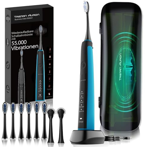 Tristan Auron Schallzahnbürste - 55.000 VPM - 5 Putzmodi - 60 Tage Akku, Reiseetui mit UV Reinigung, 6 Bürstenköpfe und 2 Zungenreiniger - elektrische Zahnbürste Sonic Master (blau)