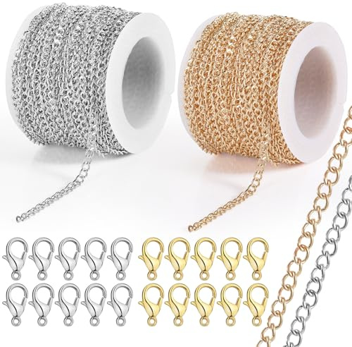 GOTDYBST 2 stycken 10 m länkkedja metervara, länkkedja innehåller 20 karbinhake, kedjor pyssel, inte lätt att bleka, kedja för smycken, gör-det-själv (guld och silver)