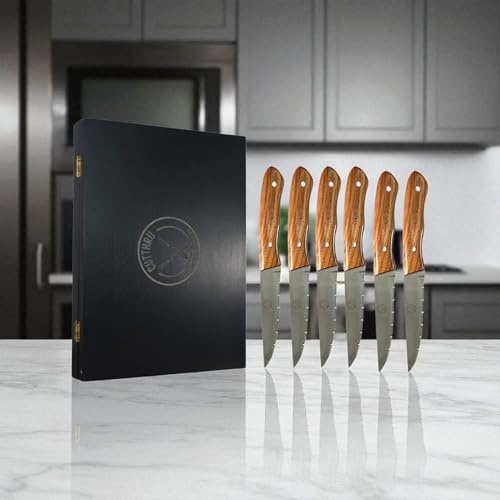 CUTTHRU Set of 6 Steak Knives Presented in a Luxurious Wooden Case, Croasion Resistant, Vivid and Smooth Polished Blade, Natural Rosewood Full Tang Handle