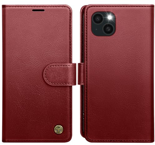 AIMOYU for iPhone 13 Case, Flip Wallet Leather Phone Case with [4 Card Slots] [Kickstand] [RFID Blocking] Magnetic Protective Shockproof Cover for iPhone 13 Phone Case - Wine Red