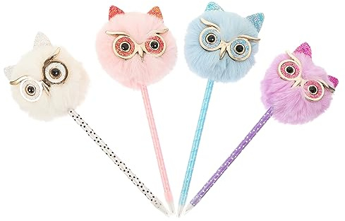 SHOWERORO Adorable Owl Writing Pens 4pcs Set with Fluffy Pom Poms Cute Gel Ink Ballpoint Pens for Creative Writing School Office Supplies