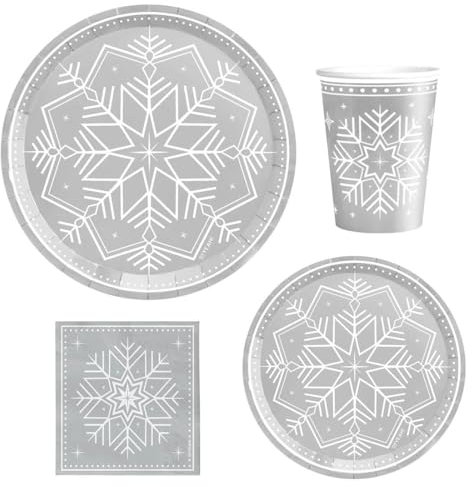 OH YEAH - Kit 6 Personas - Decoración Navidad Winter Plata - Pack 48 uds - Temática Navideña - Vajillas Completas Navidad - Vajilla Plata - DISEÑO ÚNICO