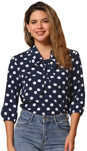 Allegra K Damer 3/4 ärm slip-blus rosett retro topp polka prickar volanger elegant topp, Blå vit, S