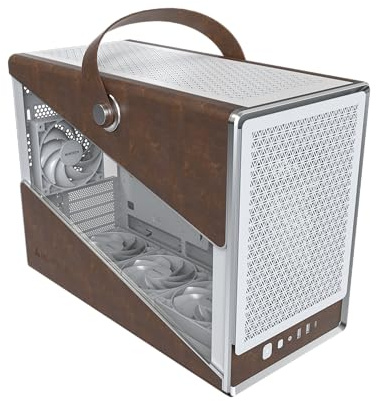 MONTECH Heritage mATX, Micro Form Factor Compact Leather Gaming Chassis with Signature Handle Design, Supports Latest GPUs, ATX PSU, 360mm AIO, 4 Fans, Headphone Hanger - White