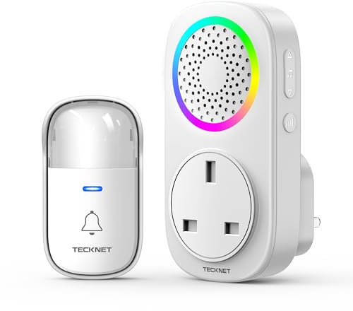 TECKNET Timbre Inalámbrico, 300M RGB Timbre Inalámbrico Autoalimentado, IP65 Timbre Electrónico Impermeable con 60 Melodías, 5 Niveles de Volumen y Flash LED para Hogar Oficina Hotel