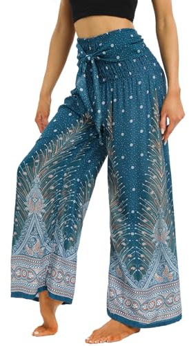 Nuofengkudu Women Boho Wide Leg Trousers Smocked High Waisted Belted Summer Flowy Hippie Patterned Rayon Lightweight Petite Ladies Palazzo Lounge Pants Casual Holiday Beach Party One Size Green A