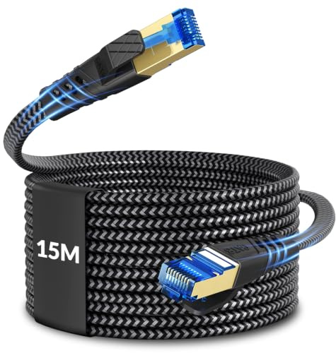 NORSHY Cat 8 Câble Ethernet 15m, Cat 8 RJ45 Cable Super Débit Réseau Lan Patch 40Gbps 2000MHz Plat Nylon Tressé Câble Internet Compatible avec Routeur, Switch, Modem, TV, PS5/4, Xbox, PC