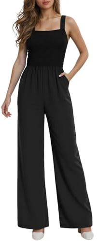 Tuta da donna estiva, salopette da donna, lunghi, senza maniche, con bretelle, pantaloni da lavoro, sottili, per grandi dimensioni, semplice e casual, elegante a gamba larga, Nero , L