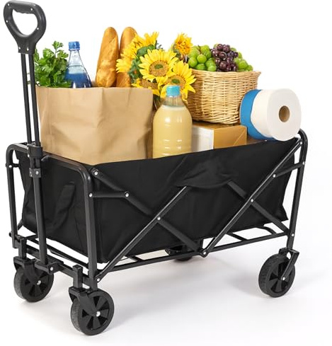Bollerwagen Faltbar 100L 120kg, Klappbarer Handwagen mit Luftreifen, Geländegängig mit Bremsen, Trolley für Garten Einkauf Camping, Schwarz, 4 Rollen & Kompakt Verstaubar, Größe 88×73×46cm