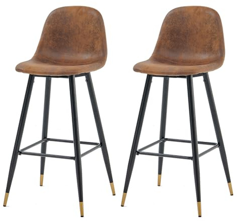 FURNISH 1 Barhocker aus Wildlederimitat, Braun, mit Rückenlehne, Retro-Stil, Industriestil, hohe Barstühle, Vintage, mit Fußstütze, Füße aus Metall, Schwarz und Gold, Sitzhöhe 77 cm, 2 Stück