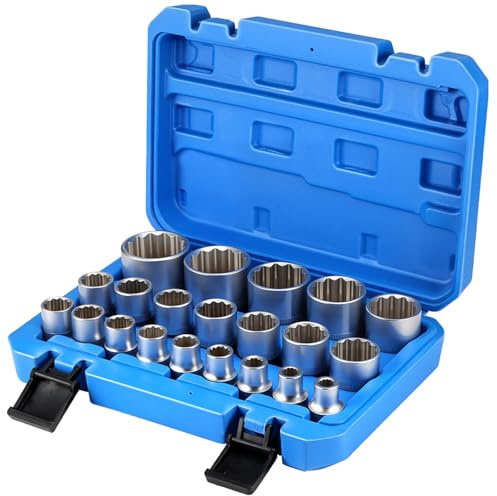 Set di 21 chiavi a bussola multidente, attacco da 1/2, 8-36 mm, acciaio al cromo vanadio, custodia blu