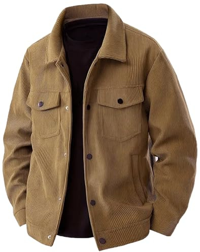 PADOLA Veste Homme Velours Côtelé à Boutons-Pression Blouson Automne avec Multi-Poches Veste mi Saison Cowboy Chemise Uni Coupe Vent Cargo Surchemise Vintage Manteau Cadeau (0 Marron, 3XL)