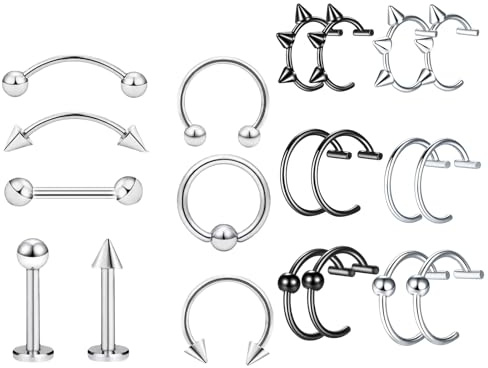 pozuauoa 20 PCS Fake Piercings Set, Septum Piercing Jewellery Clip on Nose Ring Cool Eyebrow Piercing Jewellery, Fake Lip Piercing Applicable to Party Cosplay Daily Wear (Silver and Black)