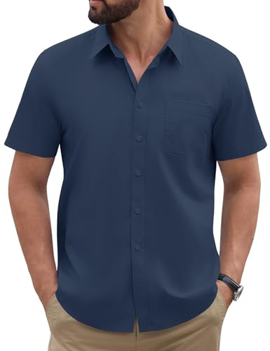 TOMEEK Camicia Uomo Maniche Corte Camicie Estiva Casual Camicie Elegante Camicia Regular Fit Business con Bottoni e Tasche Colore Solido Camice(Blu Navy,M)
