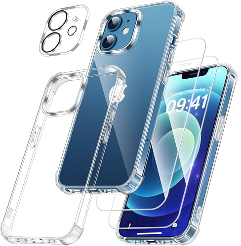 FLLAO 4-in-1 Case for iPhone 12, with 2X HD Tempered Glass Screen Protector and 1 Camera Lens Protector, [Shockproof Air Cushion] [Anti-Yellowing], Slim Soft TPU Bumper Cover, Crystal Clear | 2X Screen Protector and 1 Camera Lens Protector, [Shockproof Air Cushion] [Anti-Yellowing], Slim Soft TPU Bumper Cover