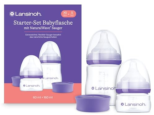 Lansinoh Starter set biberons NaturalWave® 60ml + 160ml Premiers jours bébé | Pack évolutif nouveau-né, Lot de 2 biberons: 60ml et 160ml, et 2 tétines +0m et +1m, Système anti-colique, Idéal naissance