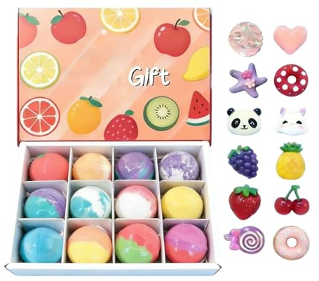 Badekugeln Set 12 Stück Hautreiniger mit Spielzeug innen | Fruit Design SPA Bath Ball für Kinder zur Entspannung und für die Selbstpflege im Spa zu Hause und auf Reisen im Badezimmer