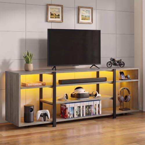 Blisswood 140cm LED TV Stand for TV up to 65 Inch, Industrial TV Unit Cabinet with 7 Open Storage Shelves, Wooden Grey Media Console, RGB Lights, Metal Frame Entertainment Unit for Living Room Bedroom