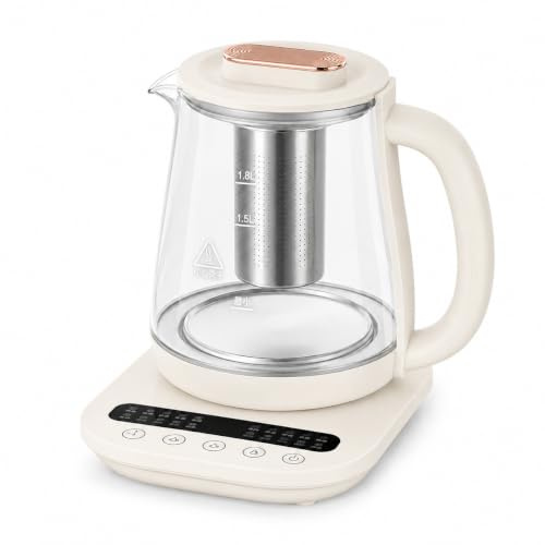 Bollitore Elettrico in Vetro 1.8L con Controllo Temperatura | Riscaldamento rapido 800W, mantenimento calore 12h, base 360° e materiali sicuri BPA-free per tè e tisane perfette.