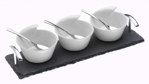 Arthur Price Ceramic Bowls and Spoons on a Slate Base, Set of 3