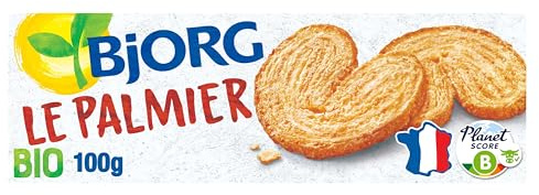 BJORG - Biscuit Palmier Bio - Blé Complet - Bio -100g | Pur Beurre - Biscuit Goûter - Source de Fibres - Sans Huile de Palme