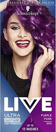 Schwarzkopf LIVE Ultra Bright or Pastel Purple Hair Dye, Pack of 3, Semi-Permanent Colour lasts up to 15 washes - 094 Purple Punk