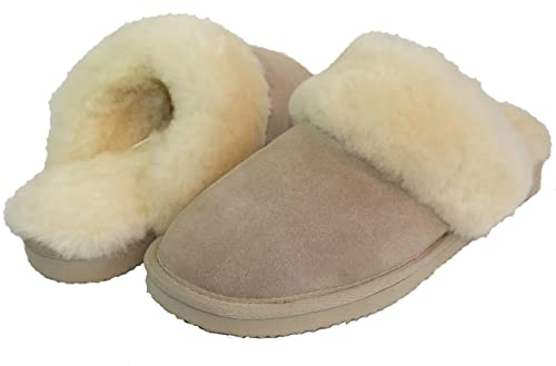 Lammfell Hausschuhe Slipper Damen Lammfell Pantoffeln Huettenschuhe sand beige mit beigen Fell mit fester Sohle - sehr warm Gr. 40