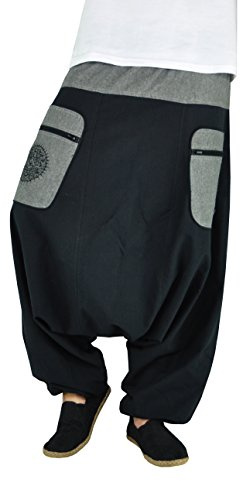 virblatt - Pantaloni Harem Uomo | Cotone | Pantaloni Cavallo Basso Uomo Larghi Hippie Etnici Estivi - L-XL Neri