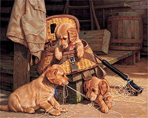 YEESAM ART DIY Ölgemälde Malen nach Zahlen Erwachsene Kinder, Frech Hunde FamilieZahlenmalerei ab 5 Öl Wandkunst (Hunde, mit Rahmen)