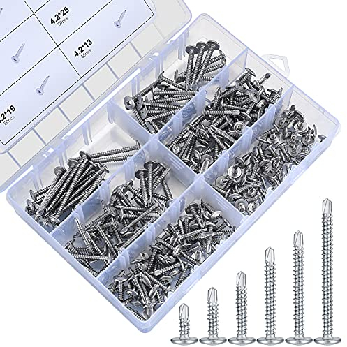 Lot de 220 vis auto-taraudeuses en acier inoxydable avec pointe de perçage, vis à construction rapide, vis cruciformes à tête plate, M4.2 (13 mm/19 mm/25 mm/32 mm/38 mm/50 mm)