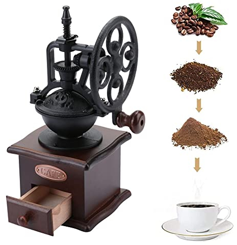 Moulin à café manuel vintage en bois Moulin à café à manivelle réglable avec noyau en céramique et tiroir de récupération Outil de broyage de café pour expresso, café goutte à goutte, presse