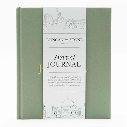 DUNCAN & STONE PAPER CO. Travel Journals - Elegant Journaling Notebook To Record All Your Travel Fun, & More - 110 Page Linen Hardcover Journal For Up To 15 Trips (Sage Green)