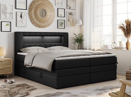 MKS MEBLE Boxspringbett 180x200 Modern Polsterbett mit LED und Kopfteil, Multipocket Matratze H3, Doppelbett mit Bettkasten Stauraumbett - GOLD-5-KING - Schwarz Kunstleder