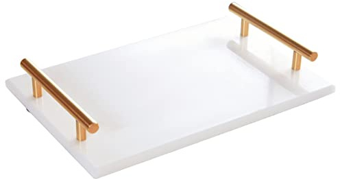Moreast Vassoio da bagno in vero marmo con manico dorato, vassoio decorativo in pietra naturale con manico in metallo, per bagno, cucina, cassettiera, comodino, scrivania, 30 x 20 cm, bianco