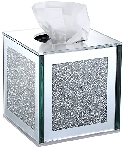 BTSKY Glitzernde Glaswürfel-Tücherbox mit zerkleinerten Kristalldiamanten für Heimdekoration, Tisch-Serviettenhalter, quadratischer Taschentuch-Organizer