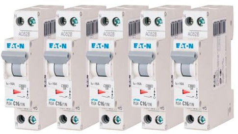 EATON 264746 PLG4-C16/1N - DISJONCTEUR MODULAIRE PH/N - Blanc - MANETTE GRISE - 1P+N / 16 A - COURBE C - Raccordement à vis - 5 disjoncteurs