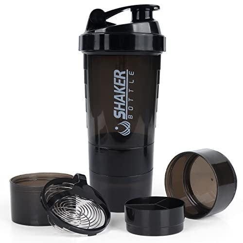 XSUPER Shaker Bottle, Leak Proof Shaker Bottle for Protein Mixes,16oz 3 Layer Twist Off Cup with Pill & Supplement Storage, Gym Sports Cup for Protein Powder, Black
