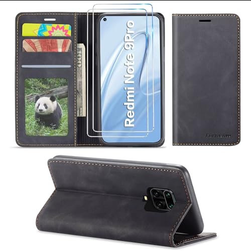 SLWYF Funda para Xiaomi Redmi Note 9S/9 Pro/9 Pro MAX, con Protector de Pantalla, Soporte Plegable Tapa Flip de PU Ranuras Tarjetas Magnético Protección, Protección de Cuero Premium, Black