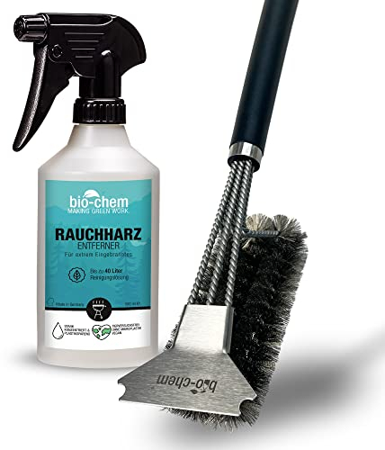 Bio-Chem - Rimuovi Resina per fumi 0,5L + Spazzola BBQ - Pulitore sgrassante 2 in 1 Pulitore di Resina Spray per Griglie e Barbecue - Manutenzione della griglia del Barbecue