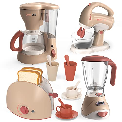Veluoess Kids Kitchen Play Set, Role Play Kitchen Appliance Toy Set Kitchen Accessories Set with Coffee Machine, Blender, Mixer, Toaster Pretend Kitchen Educational Toy for Kids Children 3+ (199-3A)