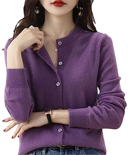 Bollrllr Women's Cashmere Cardigan Round Neck Sweater Spring Autumn Winter Long Sleeve Knitted Solid Color Soft Cardigan Sweater Lilac Purple L