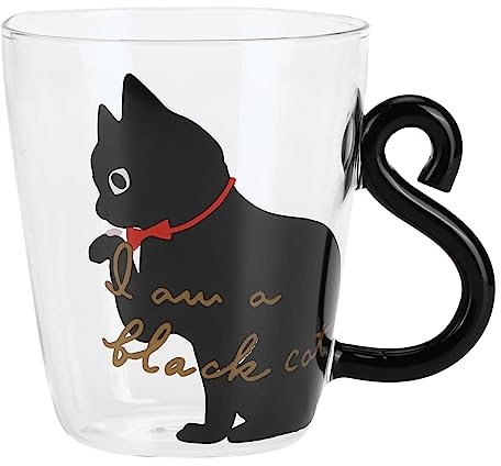 Chat Tasse Chat Forme Tasse Cadeaux Bouteille Tasse à café Transparent pour Lait Tasse Animal Tasse Verre avec Verres à Eau à Pied (Chat noir)